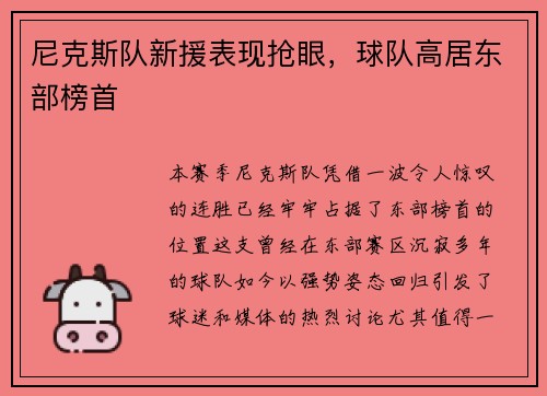 尼克斯队新援表现抢眼，球队高居东部榜首