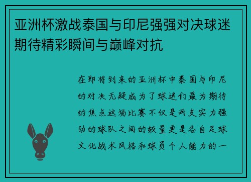 亚洲杯激战泰国与印尼强强对决球迷期待精彩瞬间与巅峰对抗