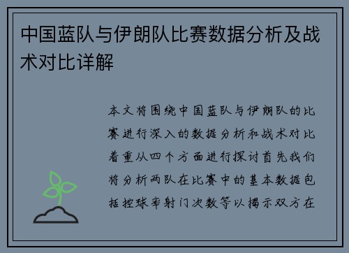 中国蓝队与伊朗队比赛数据分析及战术对比详解