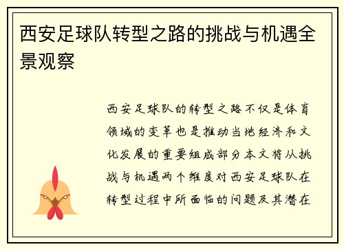 西安足球队转型之路的挑战与机遇全景观察
