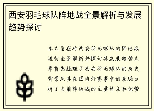 西安羽毛球队阵地战全景解析与发展趋势探讨