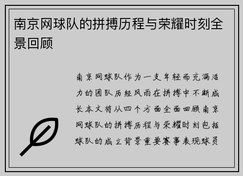 南京网球队的拼搏历程与荣耀时刻全景回顾