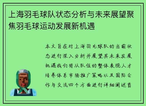 上海羽毛球队状态分析与未来展望聚焦羽毛球运动发展新机遇