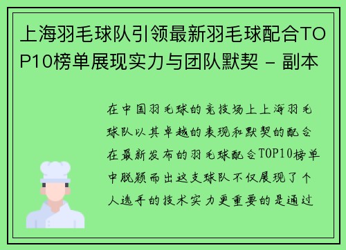 上海羽毛球队引领最新羽毛球配合TOP10榜单展现实力与团队默契 - 副本