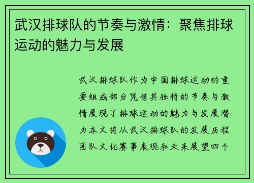 武汉排球队的节奏与激情：聚焦排球运动的魅力与发展